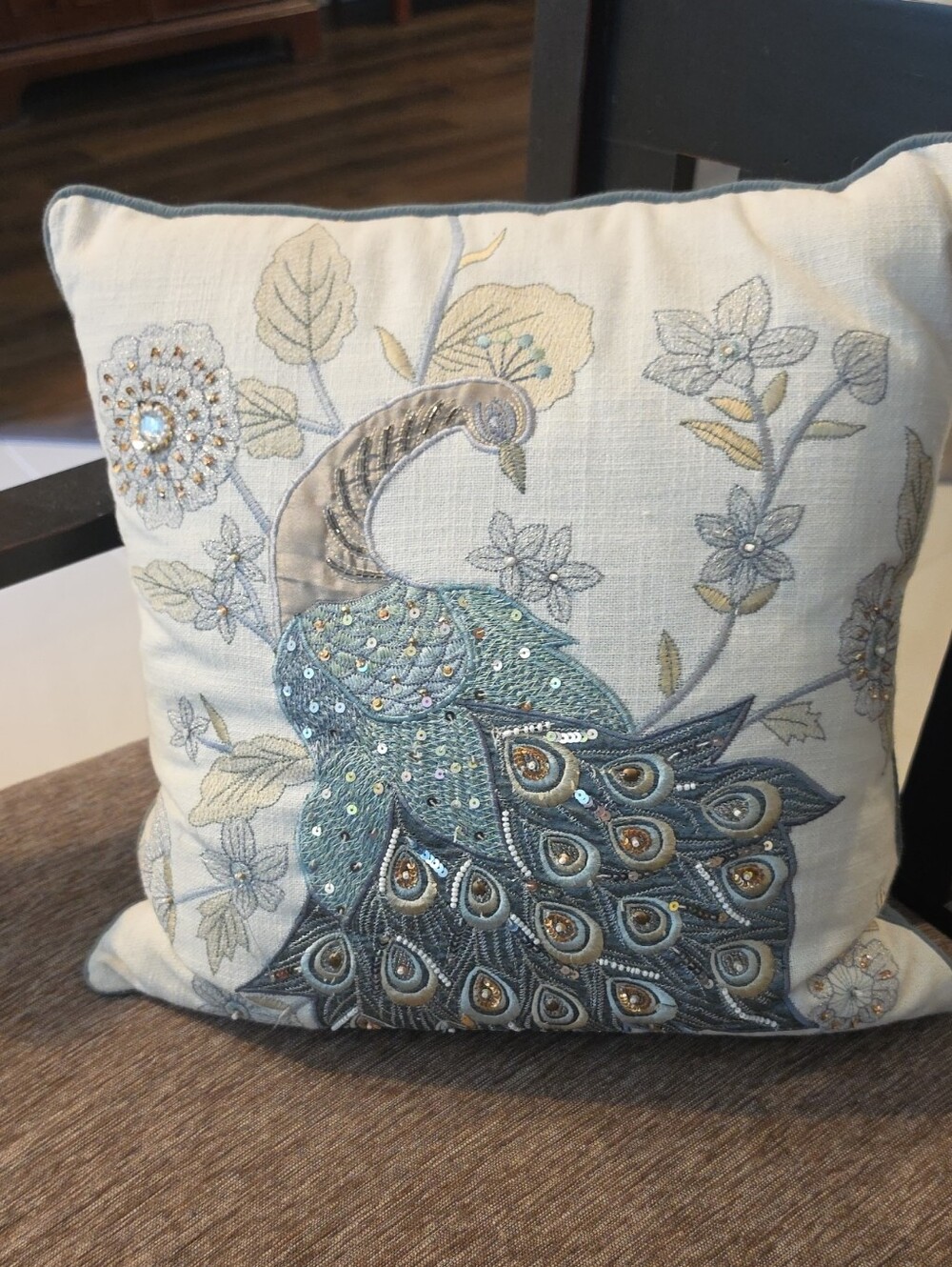 Embroidered Peacock Accent Pillow in Blue and Cream